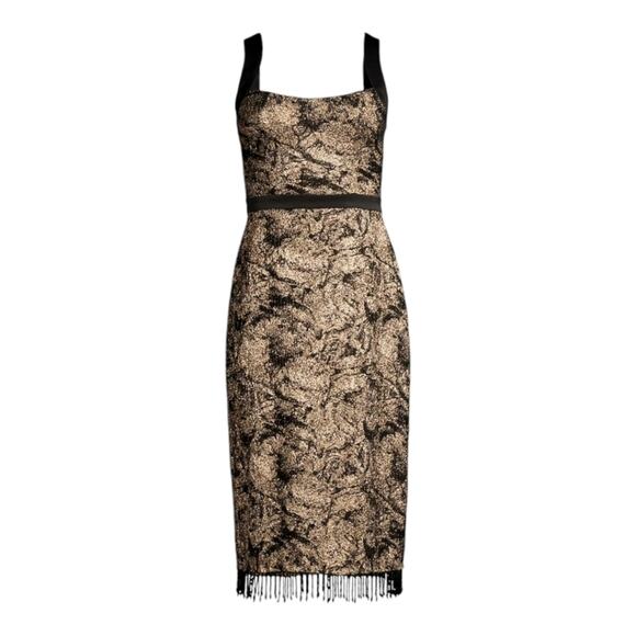 Aidan Mattox Jacquard Scoop Neckline Sleeveless Beaded Fringe Trim Dress Size 0 - Picture 4 of 16